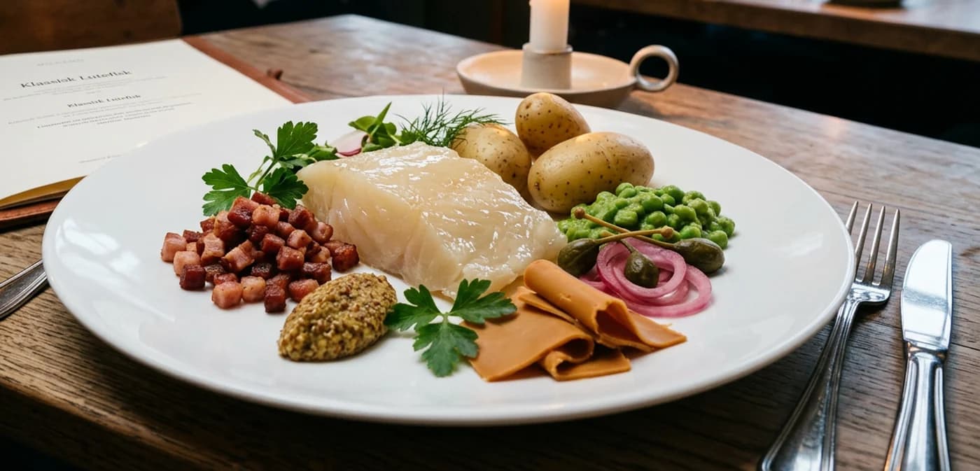 Anrettet lutefisk med bacon, ertestuing, mandelpotet, sennep og rødløk på hvit tallerken