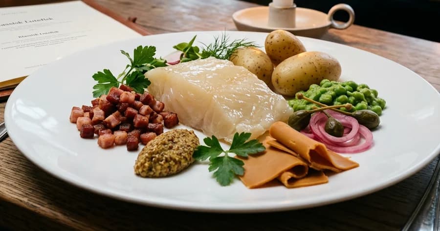 Anrettet lutefisk med bacon, ertestuing, mandelpotet, sennep og rødløk på hvit tallerken