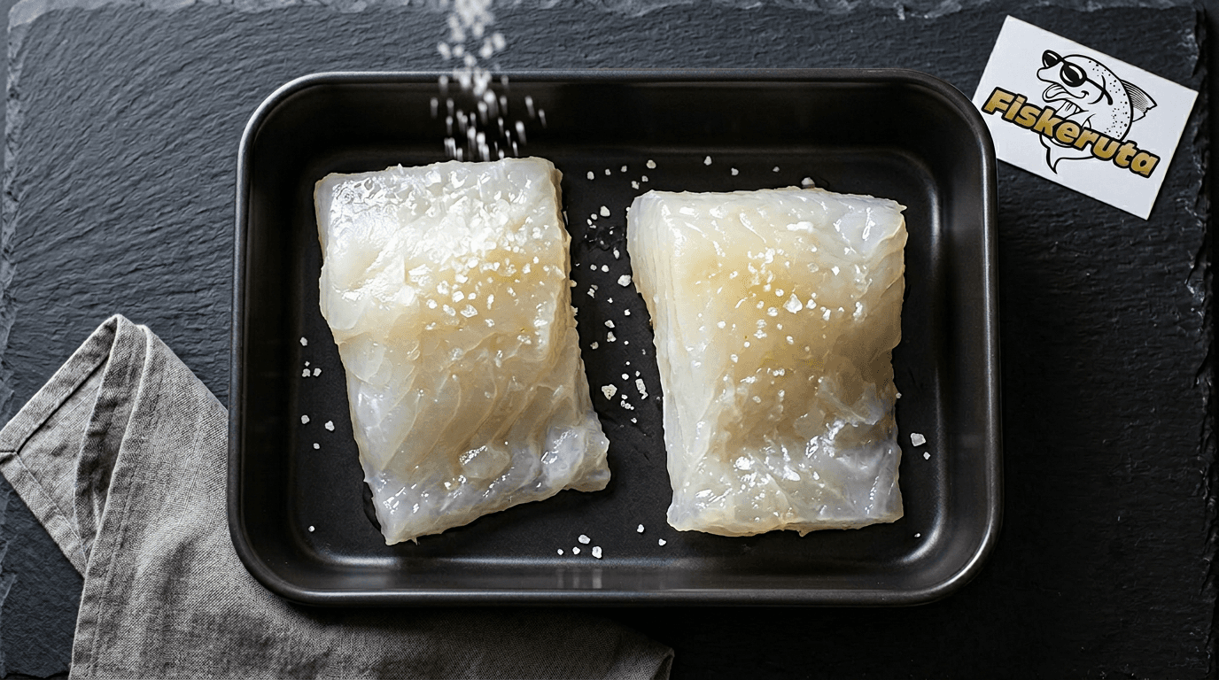 Lutefiskloins fra Fiskeruta i sort form med flaksalt, på skifer