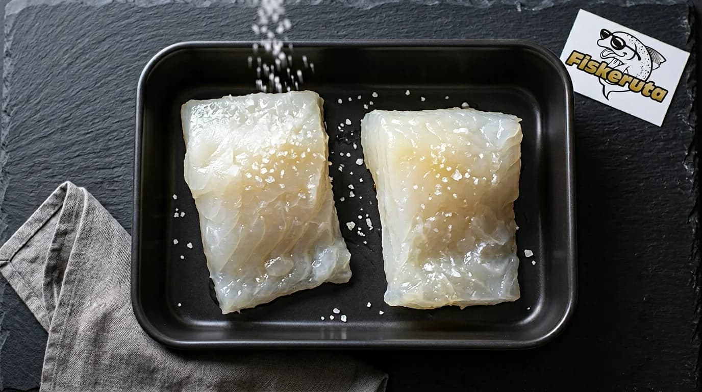 Lutefiskloins fra Fiskeruta i sort form med flaksalt, på skifer