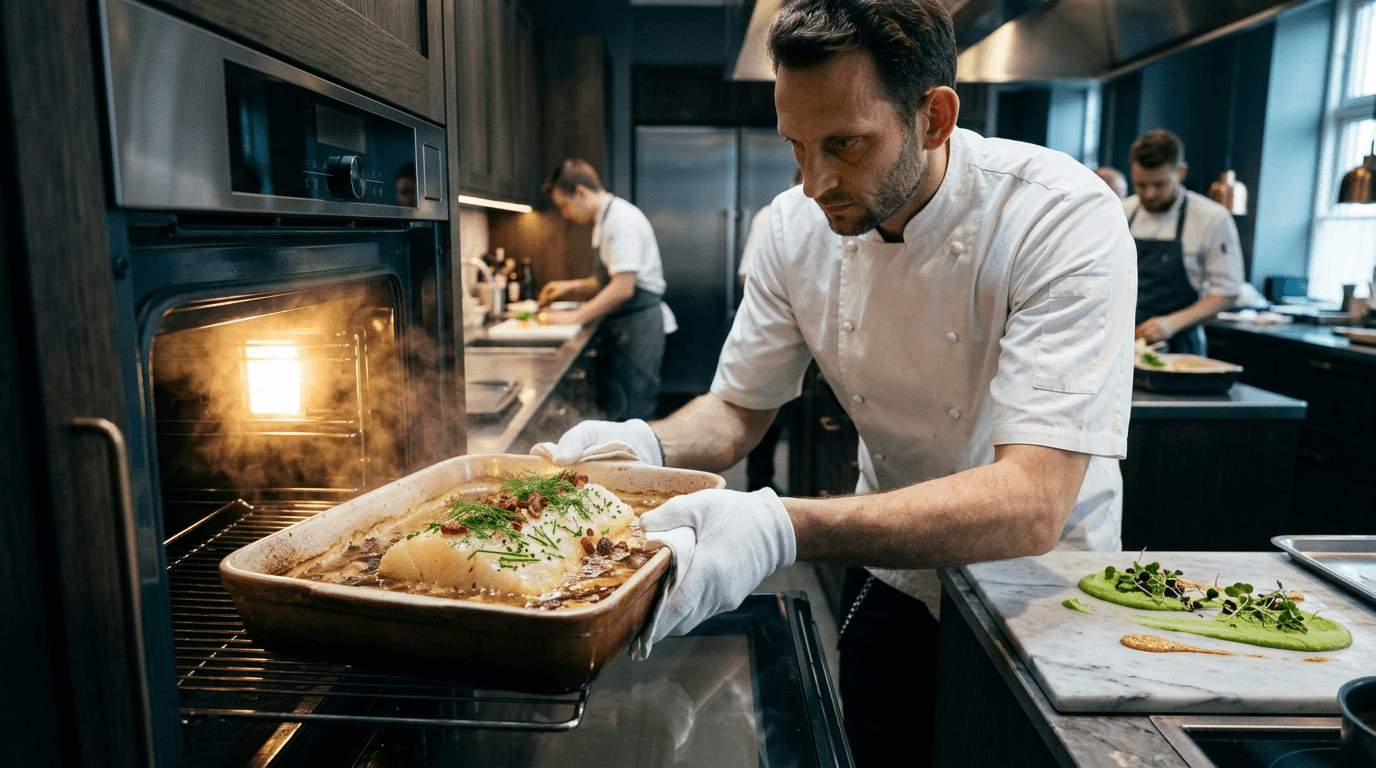 Kokk Nicolai tar lutefisk ut av ovnen i ildfast form med damp, bacon og dill — restaurantkjøkken hos Fiskeruta