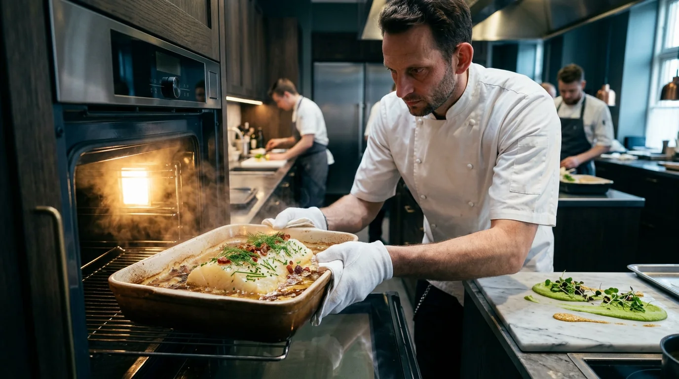 Kokk Nicolai tar lutefisk ut av ovnen i ildfast form med damp, bacon og dill — restaurantkjøkken hos Fiskeruta