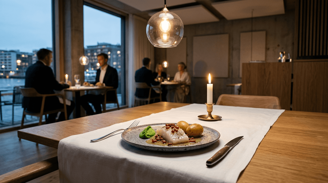 Klassisk lutefisk anrettet på keramikktallerken med bacon, ertestuing og mandelpoteter — restaurantservering med utsikt mot havnen