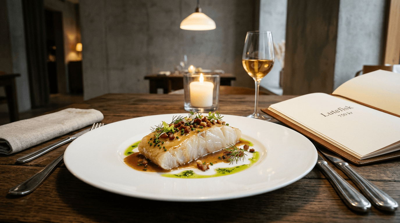 Premium lutefisk-anretning på restauranttallerken med bacon, dill og hvitvin — menyboken viser «Lutefisk 750 kr»