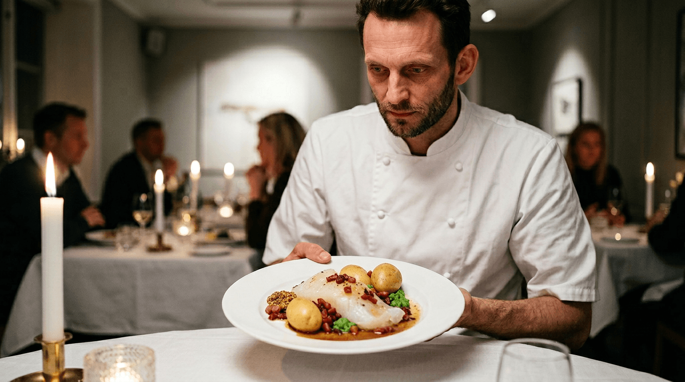 Nicolai Radmer Nielsen, kokk hos Fiskeruta, serverer ferdig anrettet lutefisk med bacon, ertestuing og mandelpoteter i candlelit restaurant