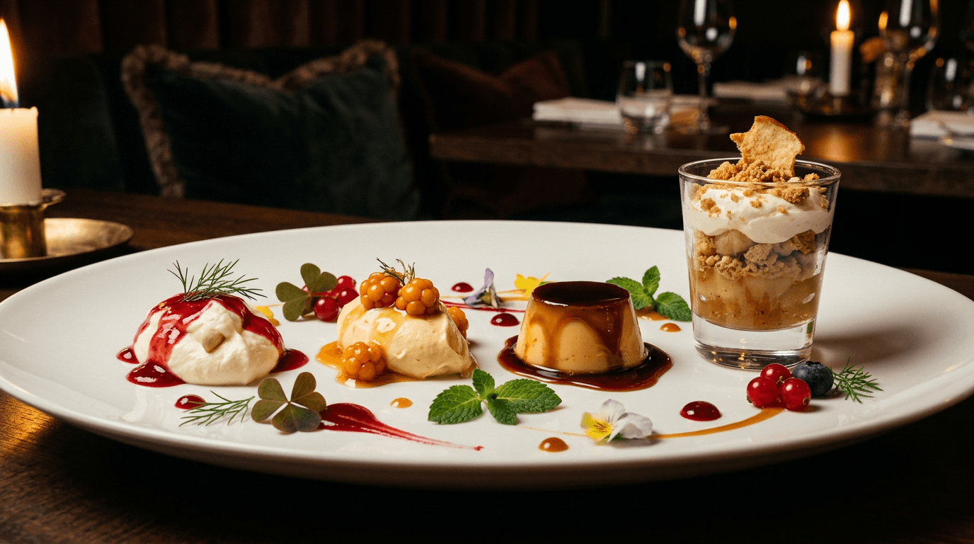 Tre klassiske norske desserter til lutefisk på hvit tallerken: riskrem med rød saus, multekrem med molter, karamellpudding og tilslørte bondepiker