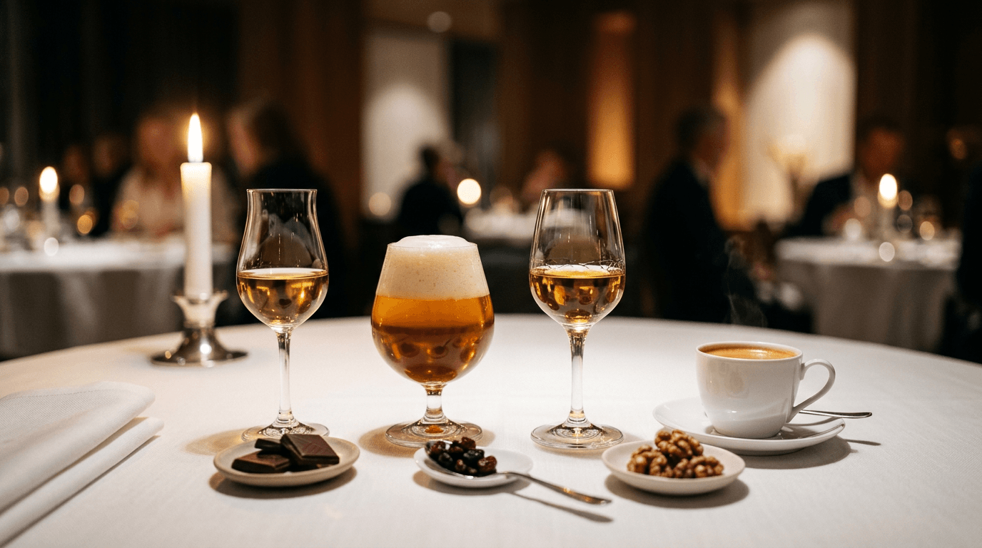Klassisk drikkefølge til lutefisk-dessert: dessertvin, akevitt, kaffe og smaker av sjokolade, tørket bær og nøtter — restaurantbord med stearinlys