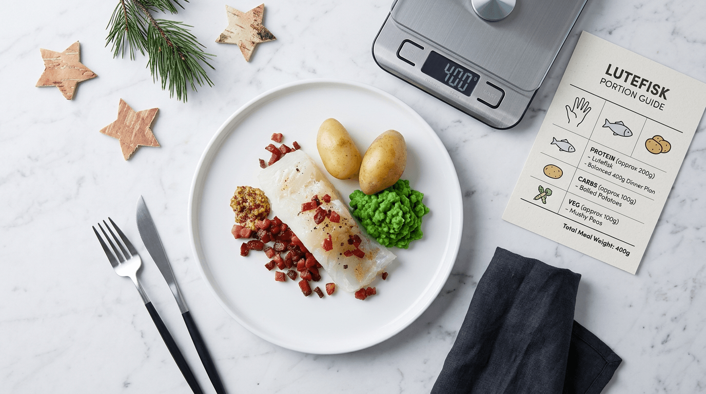 Norsk julebord ovenfra dekket for åtte gjester med lutefisk, ertestuing, mandelpoteter, bacon, akevitt og rosemalt servise