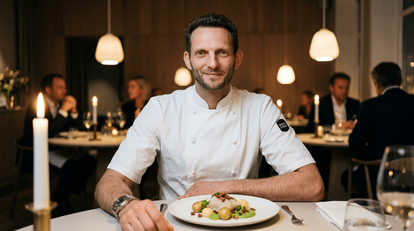 Nicolai Radmer Nielsen, kokk hos Fiskeruta, anretter klassisk lutefisk med bacon, ertestuing-puré og mandelpoteter i restaurantmiljø