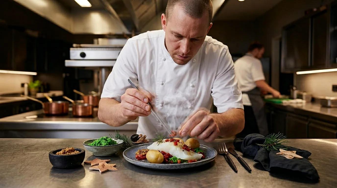 Nicolai Radmer Nielsen anretter lutefisk med ertestuing, bacon og mandelpotet på et restaurantkjøkken