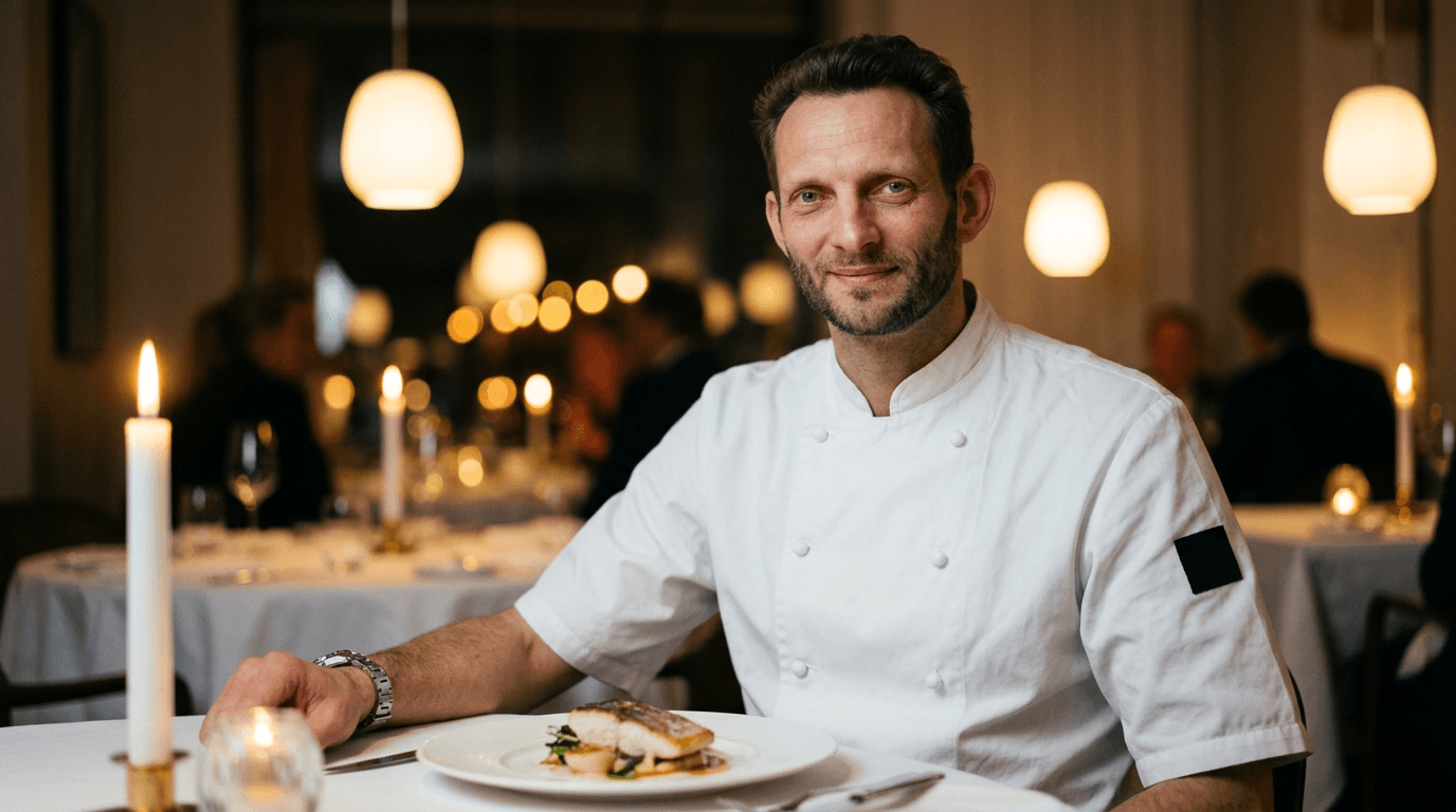 Nicolai Radmer Nielsen, stjernekokk og sjømatekspert hos Fiskeruta, fotografert i restaurantmiljø