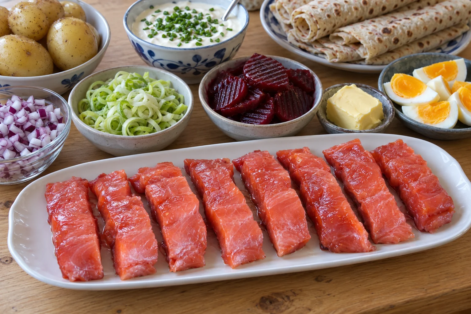 Rakfiskbord: biter av rakfisk av ørret på avlangt hvitt fat, rundt står skåler med mandelpoteter, rødløk, purre, syltede rødbeter, rømme med gressløk, smør, kokte egg og rullede lefser