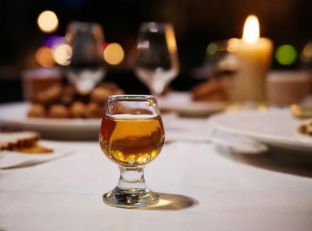 Akevitt i lite tulipanglass på hvit duk ved levende lys