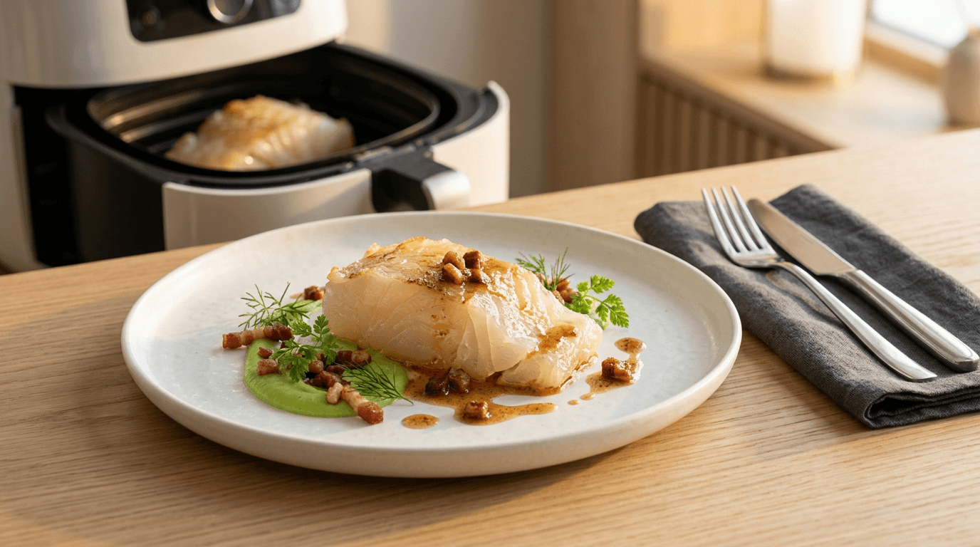 Lutefisk laget i airfryer, ferdig anrettet på hvit tallerken med ertestuing-puré og sprøstekt bacon — airfryer i bakgrunnen