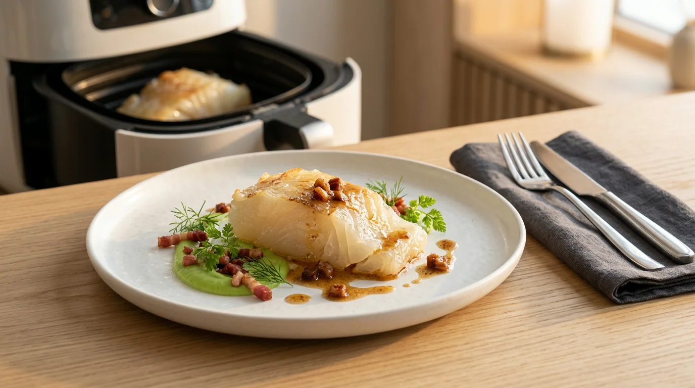 Lutefisk laget i airfryer, ferdig anrettet på hvit tallerken med ertestuing-puré og sprøstekt bacon — airfryer i bakgrunnen